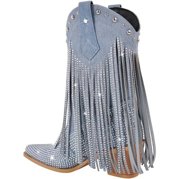 ✨ Sexytag Cowgirl Boots Women Grey Synthetic Sparkly Wide Calf Western Boots - Picture 3 of 6